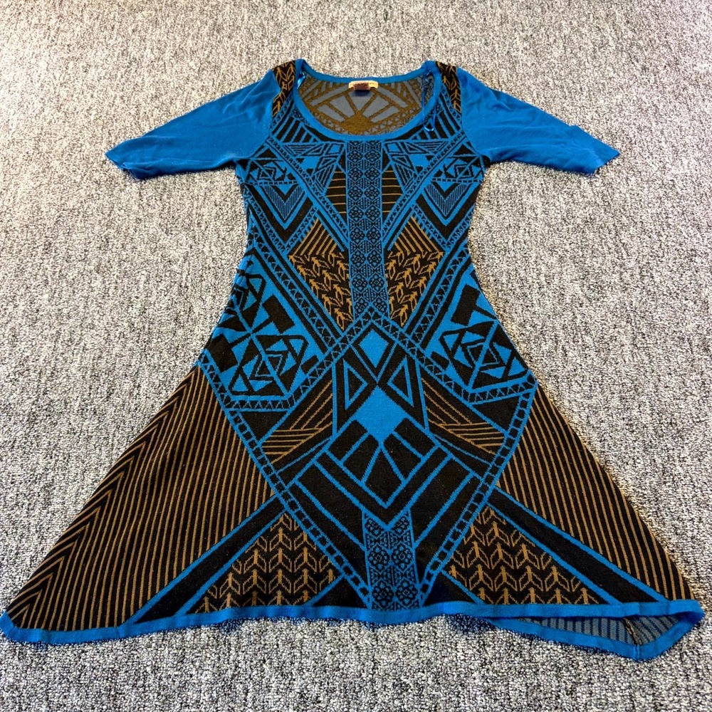 Flying Tomato Fit & Flare Sweater Dress Women Medium Blue Multi Aztec Scoop Neck